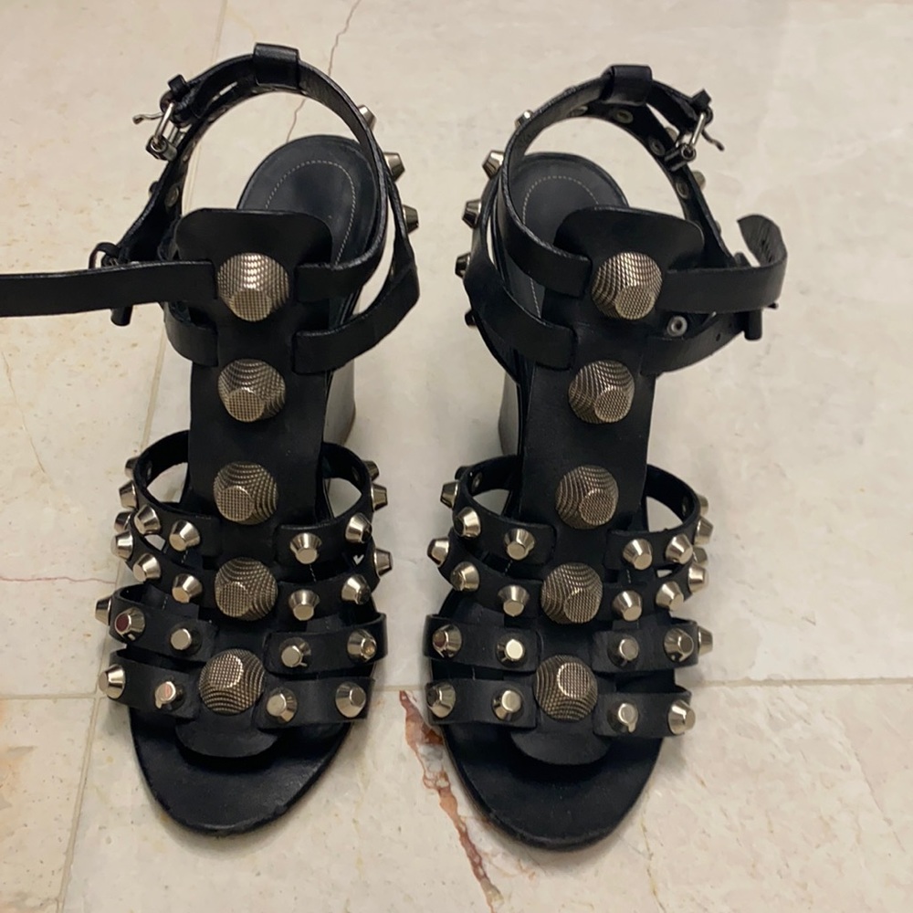 Balenciaga Black Arena Studded Wedge Sandals, 41
